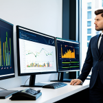 A professional valuation analyst, fully clothed in a modest dark business suit, standing in a brightly lit, modern office. The analyst is looking thoughtfully towards multiple large monitors displaying complex data visualizations, financial models, and subtle indicators of AI-driven insights and ESG metrics. The setting emphasizes a forward-thinking, strategic approach to financial analysis. Perfect anatomy, correct proportions, natural pose, well-formed hands, proper finger count, natural body proportions. Professional photography, high quality, safe for work, appropriate content, family-friendly.