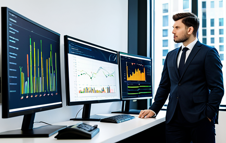 A professional valuation analyst, fully clothed in a modest dark business suit, standing in a brightly lit, modern office. The analyst is looking thoughtfully towards multiple large monitors displaying complex data visualizations, financial models, and subtle indicators of AI-driven insights and ESG metrics. The setting emphasizes a forward-thinking, strategic approach to financial analysis. Perfect anatomy, correct proportions, natural pose, well-formed hands, proper finger count, natural body proportions. Professional photography, high quality, safe for work, appropriate content, family-friendly.
