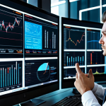 A focused financial professional in a modest business suit, observing a dynamic holographic data visualization of complex company valuation models. The setting is a sleek, futuristic office with multiple transparent screens displaying intricate charts, algorithms, and financial projections, reflecting the integration of AI and Big Data in modern finance. The professional is fully clothed, appropriate attire, concentrating deeply on the data analysis. safe for work, appropriate content, professional, perfect anatomy, correct proportions, natural pose, well-formed hands, proper finger count, natural body proportions.
