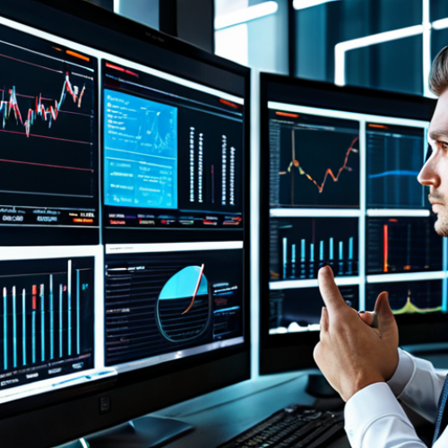 A focused financial professional in a modest business suit, observing a dynamic holographic data visualization of complex company valuation models. The setting is a sleek, futuristic office with multiple transparent screens displaying intricate charts, algorithms, and financial projections, reflecting the integration of AI and Big Data in modern finance. The professional is fully clothed, appropriate attire, concentrating deeply on the data analysis. safe for work, appropriate content, professional, perfect anatomy, correct proportions, natural pose, well-formed hands, proper finger count, natural body proportions.