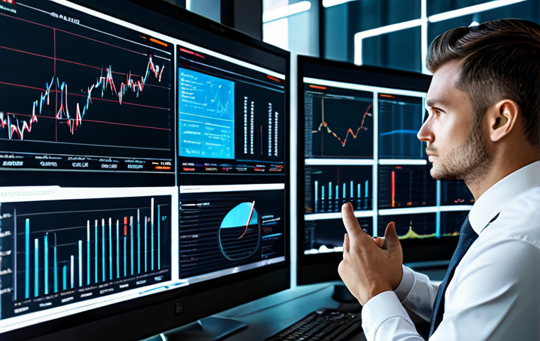 A focused financial professional in a modest business suit, observing a dynamic holographic data visualization of complex company valuation models. The setting is a sleek, futuristic office with multiple transparent screens displaying intricate charts, algorithms, and financial projections, reflecting the integration of AI and Big Data in modern finance. The professional is fully clothed, appropriate attire, concentrating deeply on the data analysis. safe for work, appropriate content, professional, perfect anatomy, correct proportions, natural pose, well-formed hands, proper finger count, natural body proportions.