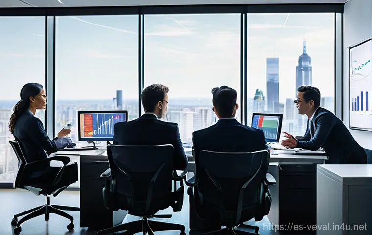 기업가치평가사 기업 분석 방법 - **Prompt:** "A group of diverse business professionals, men and women, meticulously analyzing financ...