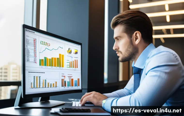 기업가치평가사 전문성 향상 위한 공부법 - A professional financial analyst in a modern office setting, intently reviewing detailed financial s...