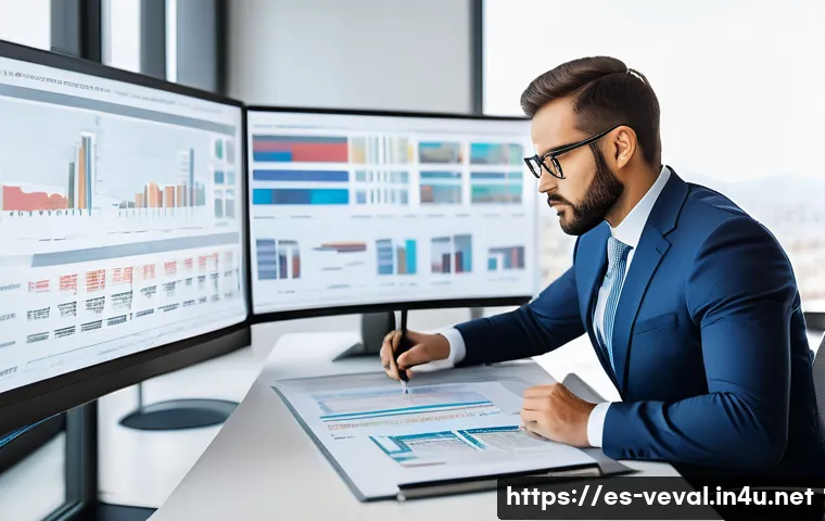 기업가치평가사 자산 평가 기준 - A professional business valuation expert in a modern Spanish office environment, analyzing financial...
