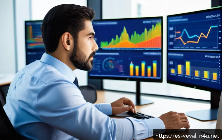 기업가치평가사 실습 자료 제공 - A professional business analyst in a modern office setting, intensely reviewing detailed financial s...